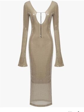 Deep V Long Sleeve Scoop-Back Sequin Dress in Nude / Beige
